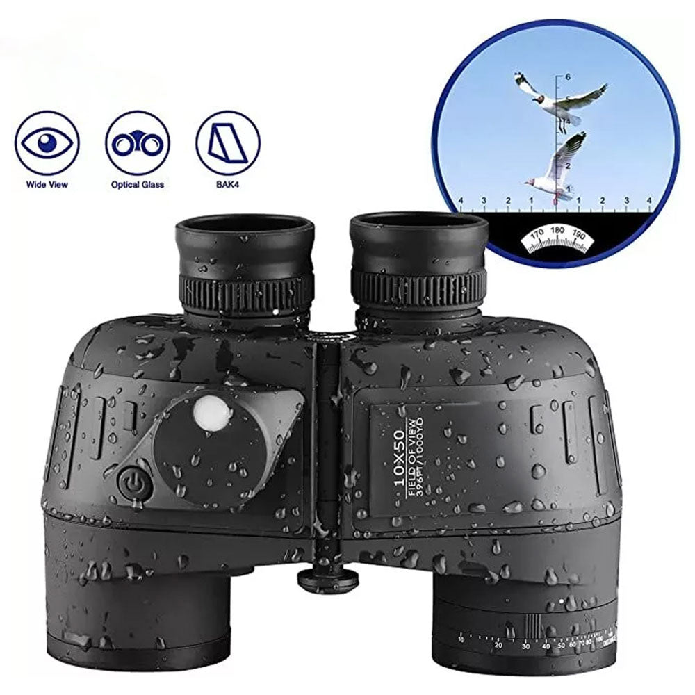 Black NautixCor Marine Binoculars with water droplets on a white background, inset showing a bird in flight.