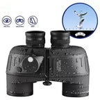 Black NautixCor Marine Binoculars with water droplets on a white background, inset showing a bird in flight.