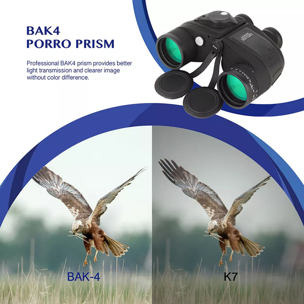 NautixCor Marine Binoculars with BAK4 Porro Prism technology, showing a hawk in flight on a grassy field.
