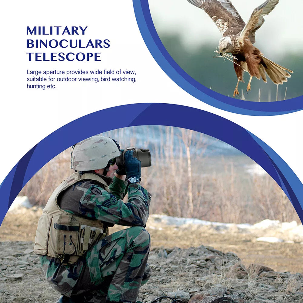 Person in military gear using a NautixCor Marine Binoculars with a hawk and nature scene.