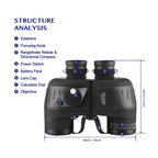 A NautixCor Marine Binoculars structure analysis diagram on a white background, with labeled parts such as eyepiece, focusing knob, reticle, battery pack, lens cap, calculator dial, and objective, plus dimension lines and text.