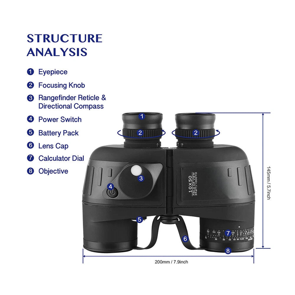 A NautixCor Marine Binoculars structure analysis diagram on a white background, with labeled parts such as eyepiece, focusing knob, reticle, battery pack, lens cap, calculator dial, and objective, plus dimension lines and text.