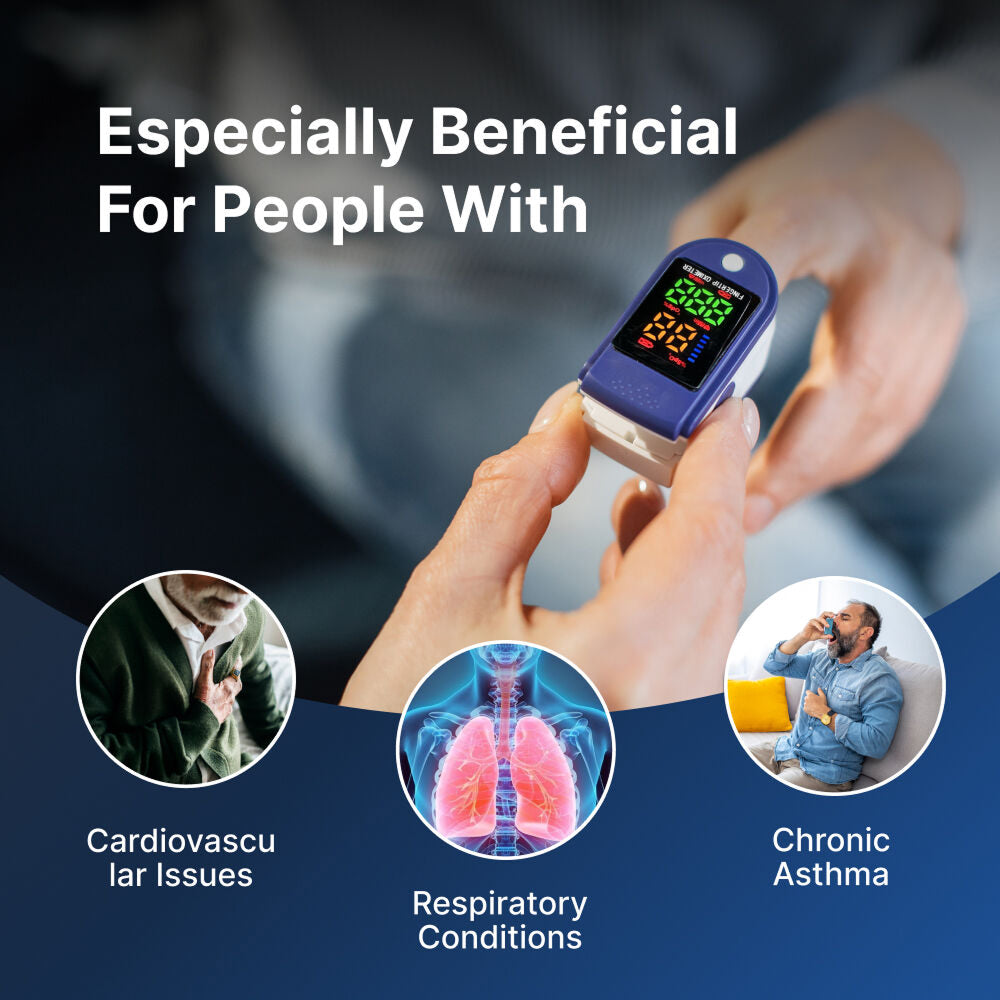 OxiLuny v2 Pulse Oximeter being held with text indicating benefits for cardiovascular issues, respiratory conditions, and chronic asthma.