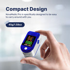 Hand holding OxiLuny v2 Pulse Oximeter with text about its compact design and weight.