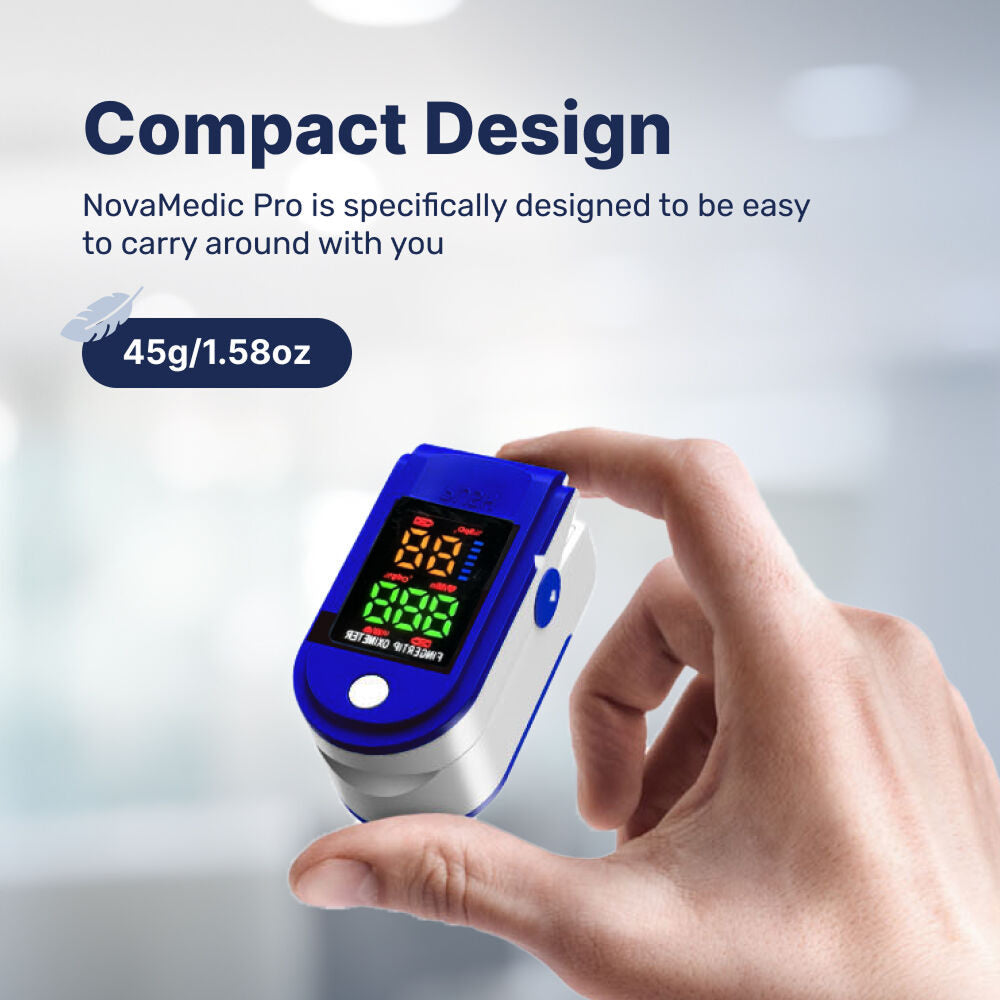 Hand holding OxiLuny v2 Pulse Oximeter with text about its compact design and weight.