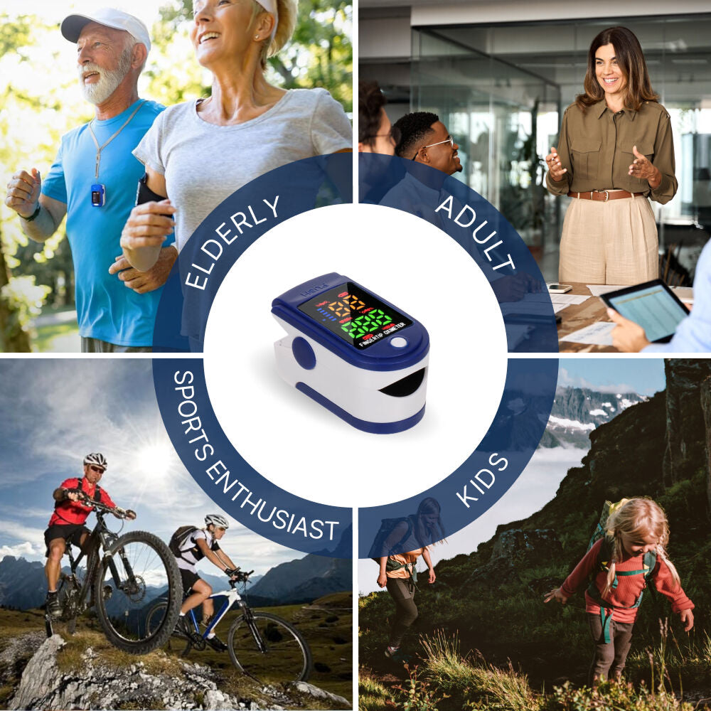 OxiLuny v2 Pulse Oximeter with lifestyle images of people in different scenarios.