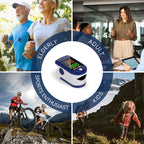 OxiLuny v2 Pulse Oximeter with lifestyle images of people in different scenarios.