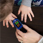 Person using a OxiLuny v2 Pulse Oximeter  on a child's finger with a close-up of the device.