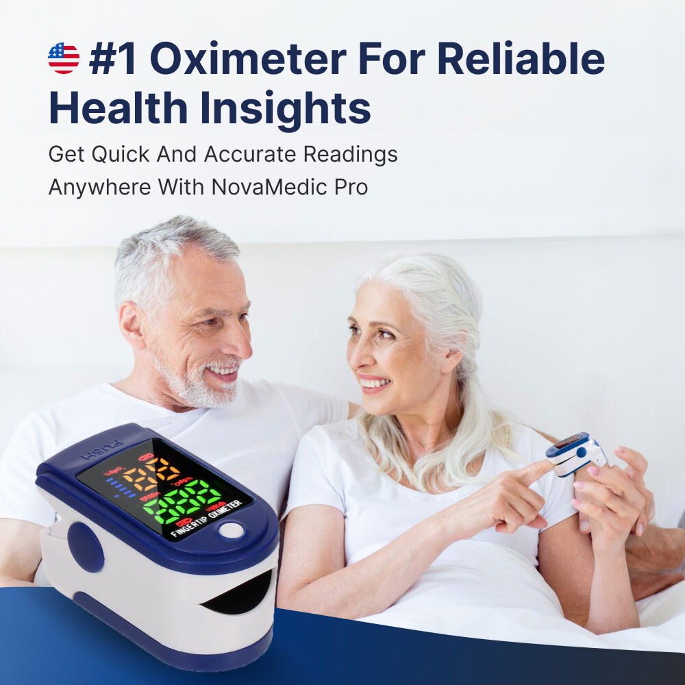 Couple using a OxiLuny v2 Pulse Oximeter with text about reliable health insights.