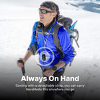 Man hiking in snowy landscape with OxiLuny v2 Pulse Oximeter device on strap