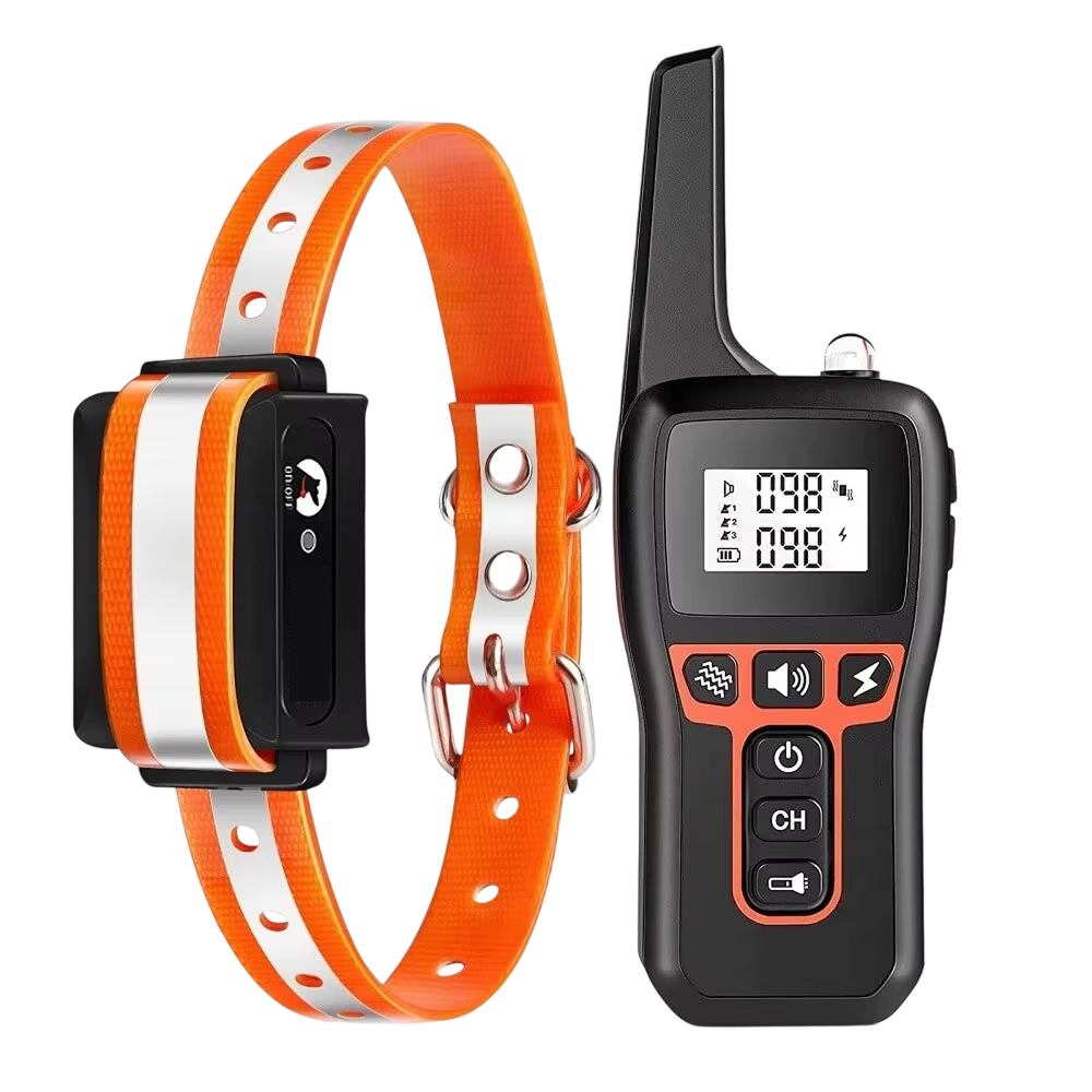 Orange and white PawGofu Shock Collar with a black remote control on a white background
