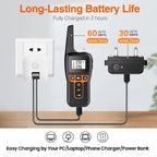 PawGofu Shock Collar with charging cable, wall outlet, and text about battery life on a light gray background.
