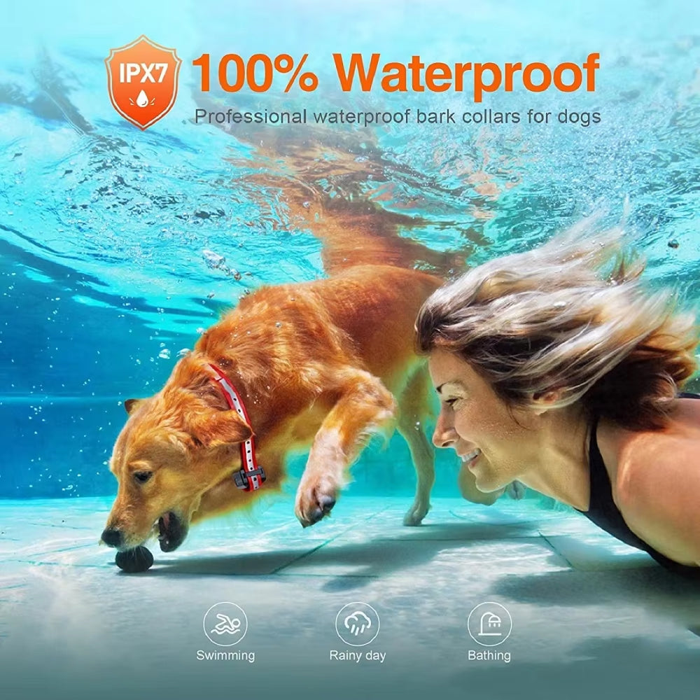 Dog wearing a waterproof PawGofu Shock Collar swimming underwater with a woman, with text about the product's features.