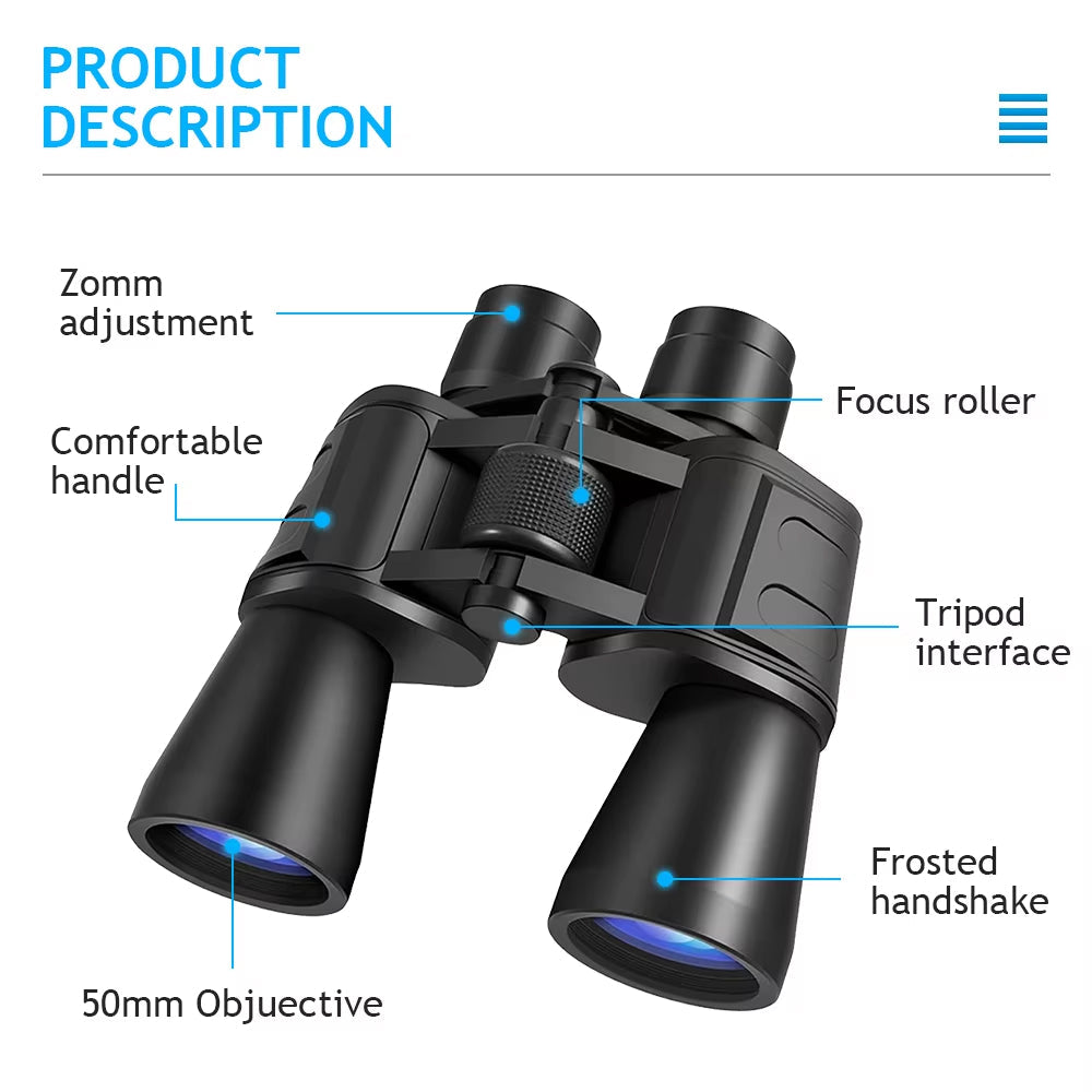 PeltVisi Ultra HD Binoculars with labeled features on a white background