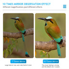 Two images of a bird on a branch with text explaining mirror observation effect at 7x and 10x magnifications.