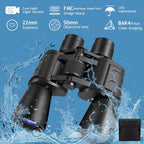 PeltVisi Ultra HD Binoculars with water splashes on a blue background, featuring technical specifications.