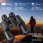 PeltVisi Ultra HD Binoculars with specifications on a scenic background, featuring a person with a backpack.
