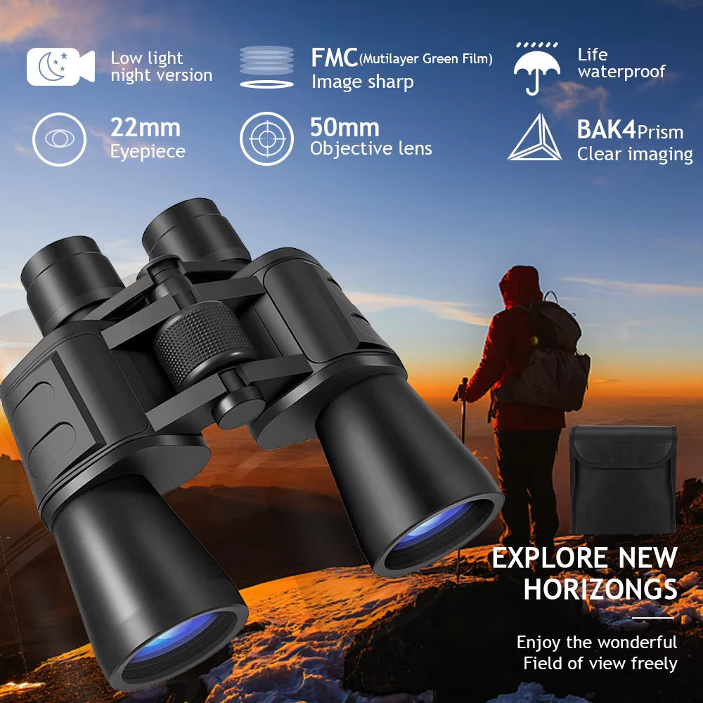 PeltVisi Ultra HD Binoculars with specifications on a scenic background, featuring a person with a backpack.