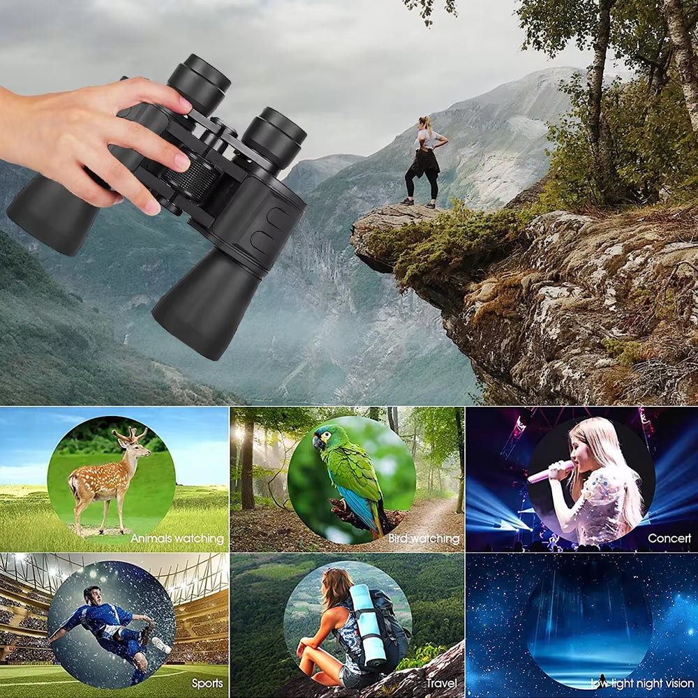 Hand holding PeltVisi Ultra HD Binoculars with scenic background and lifestyle images below