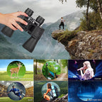 Hand holding PeltVisi Ultra HD Binoculars with scenic background and lifestyle images below
