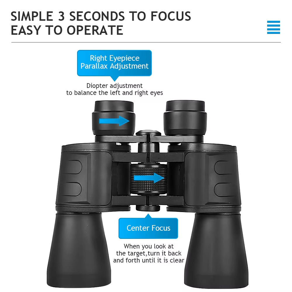 PeltVisi Ultra HD Binoculars with focus adjustment instructions on a white background