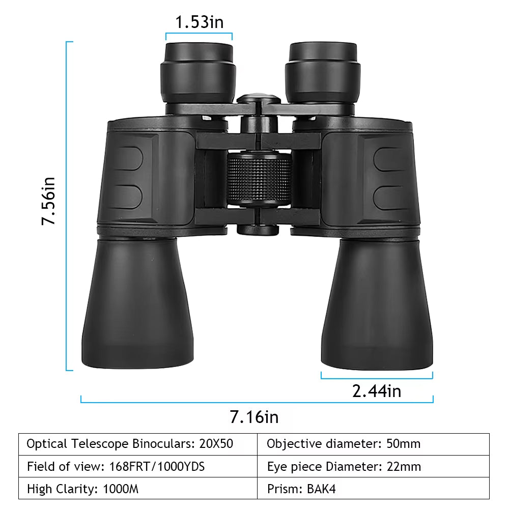 PeltVisi Ultra HD Binoculars with measurements and specifications on a white background