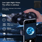 PeltVisi Ultra HD Binoculars with smartphone attachment showing moon image, text about features, and night vision effect.