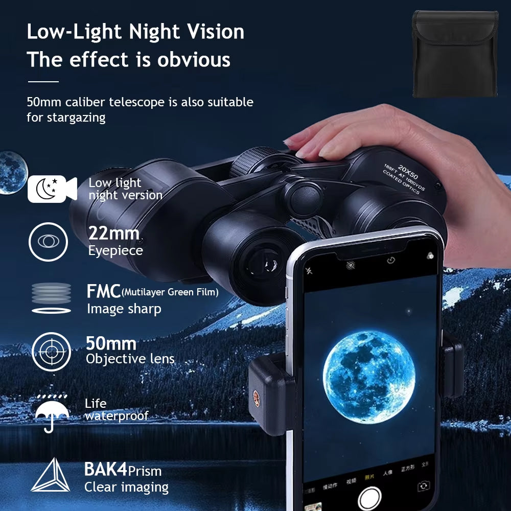 PeltVisi Ultra HD Binoculars with smartphone attachment showing moon image, text about features, and night vision effect.