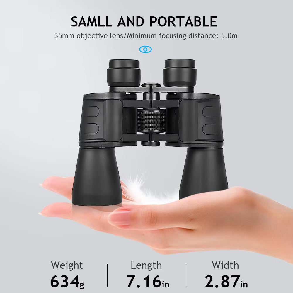 PeltVisi Ultra HD Binoculars held in a hand with specifications on a light gray background
