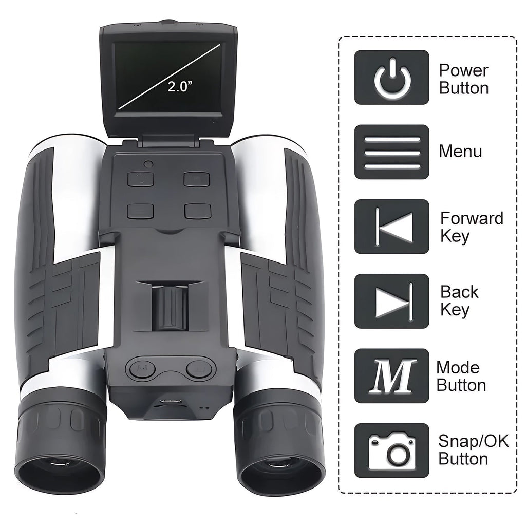 PicScopex Digital Binocular Camera  and control buttons labeled on a white background