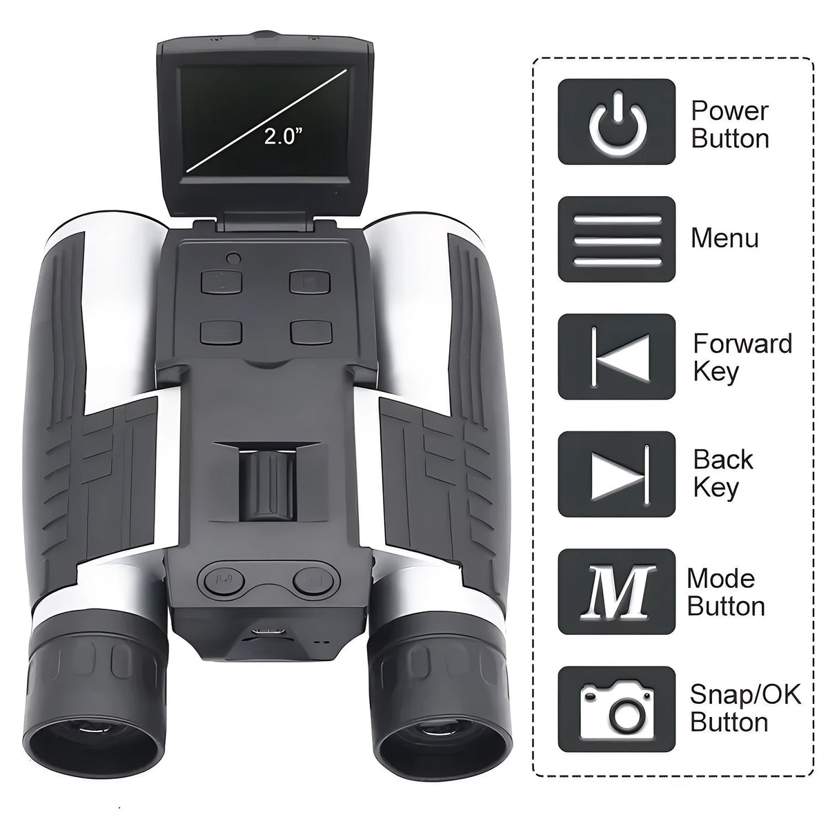PicScopex Digital Binocular Camera  and control buttons labeled on a white background