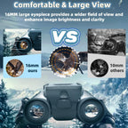 PicScopex Digital Binocular Camera with 16mm large eyepiece shown against a snowy landscape, comparing it to other binoculars with 10mm eyepieces.