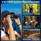 3-in-1 multi-function digital PicScopex Digital Binocular Camera with photo, video, and binoculars modes displayed on a screen.