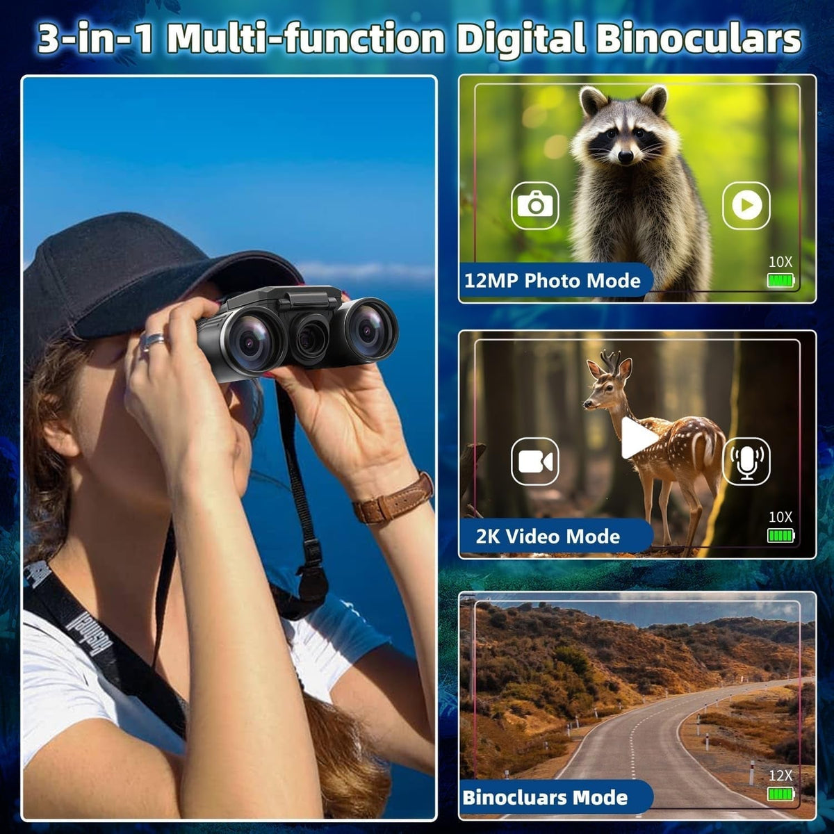 3-in-1 multi-function digital PicScopex Digital Binocular Camera with photo, video, and binoculars modes displayed on a screen.