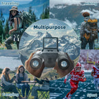 Collage of people with backpacks in various activities like hiking, camping, and sports, with a central focus on a multipurpose PicScopex Digital Binocular Camera