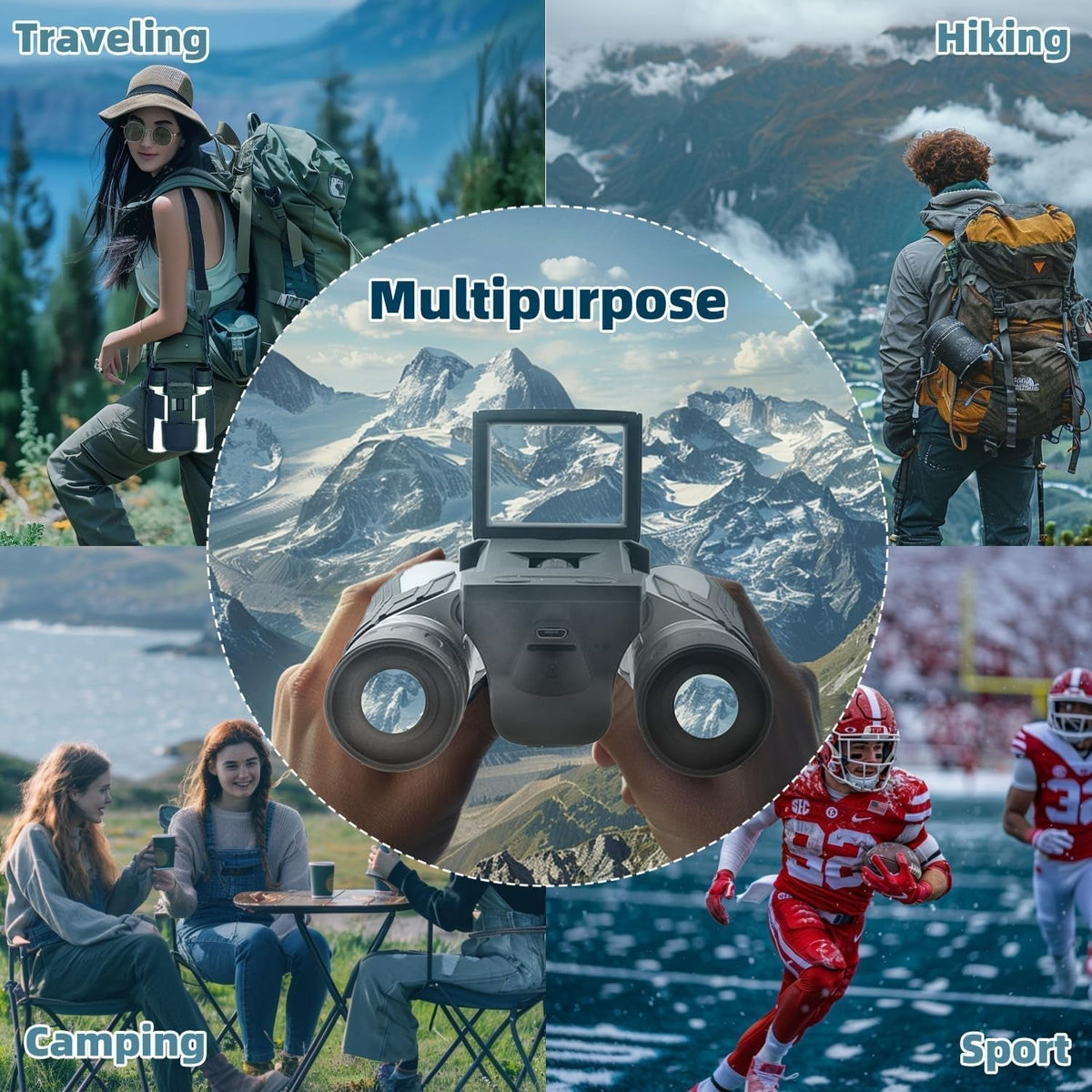 Collage of people with backpacks in various activities like hiking, camping, and sports, with a central focus on a multipurpose PicScopex Digital Binocular Camera