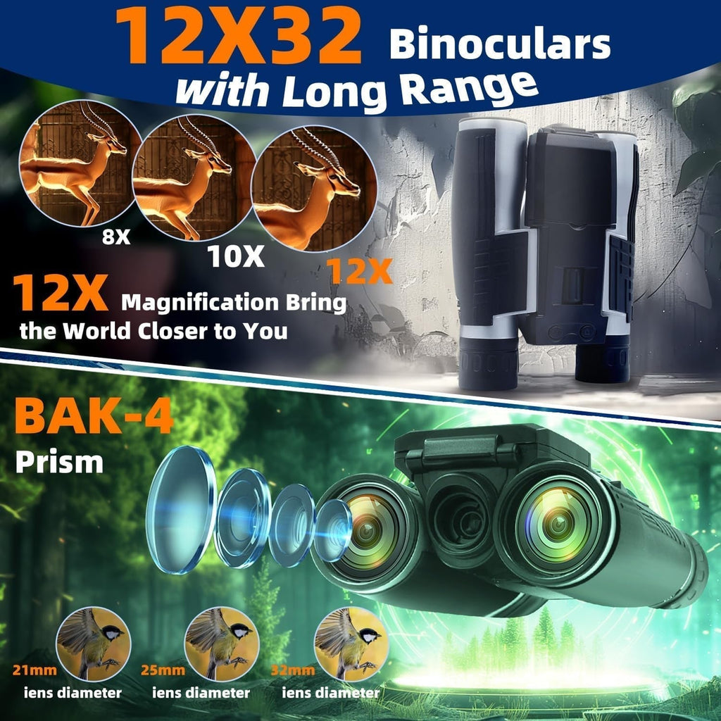 PicScopex Digital Binocular Camera with long range features, including magnification levels and BAK-4 prism details, on a promotional background.