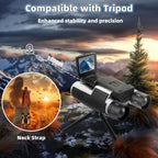 PicScopex Digital Binocular Camera with screen on a tripod in a mountainous landscape, featuring text about compatibility with a tripod.