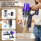 Polaro V16 vacuum cleaner with 1.5L capacity and one-click empty design features, held by a person.