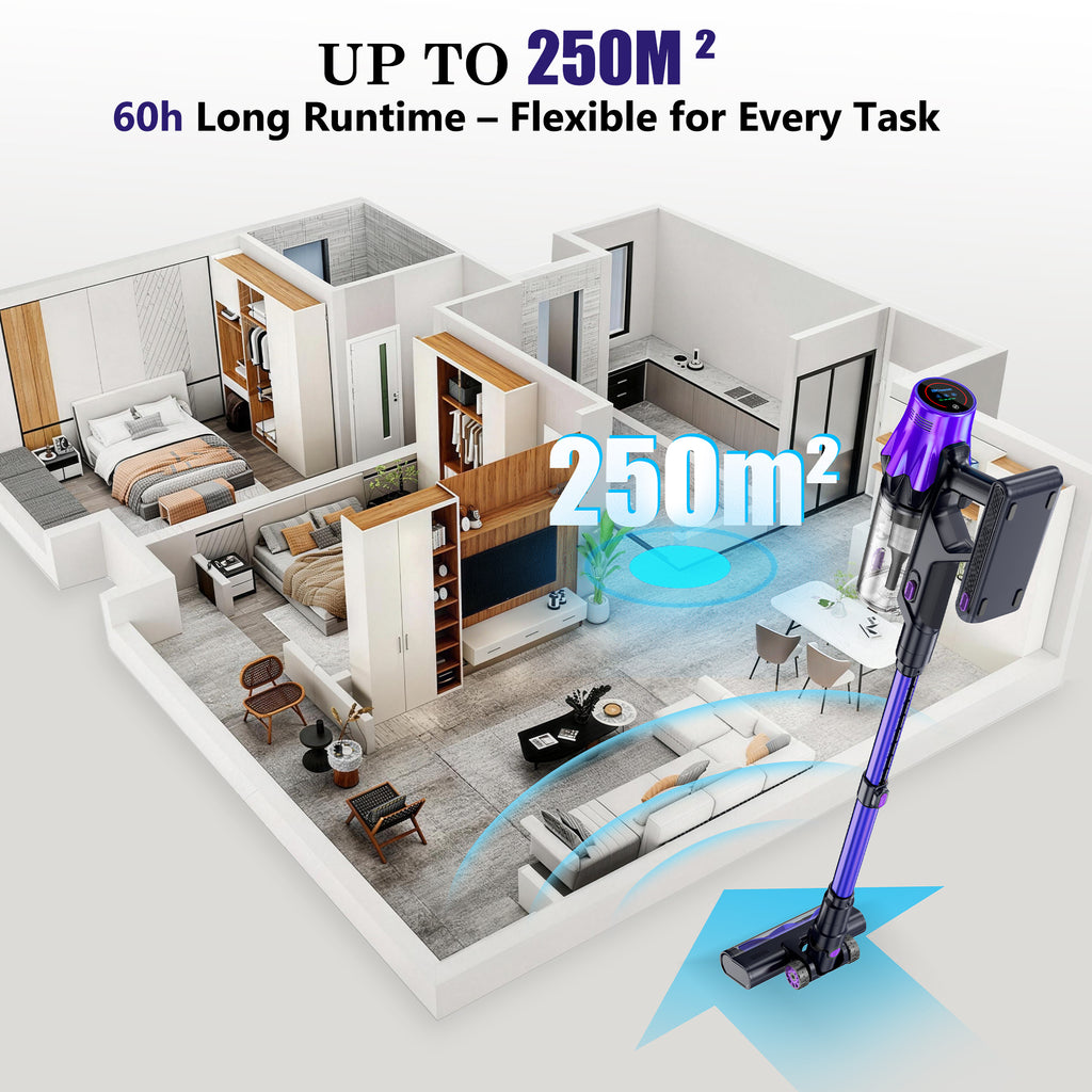 Polaro V16 Vacuum cleaner with cleaning area indicator on a floor plan of a house, highlighting its coverage area.