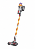 A Polaro V16 vacuum cleaner with a metallic orange handle, silver and gray motor housing, a purple cyclone component, and a gray floor head, shown on a plain white background.