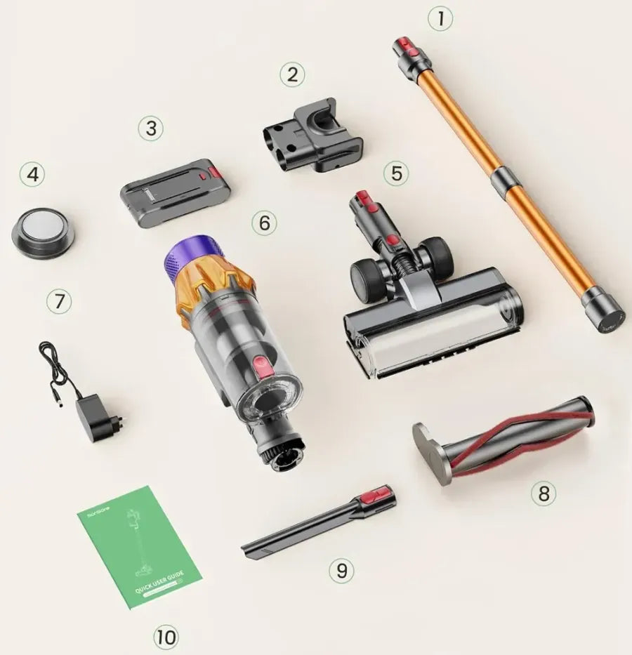 Polaro V16 Vacuum Cleaner and attachments on a white background