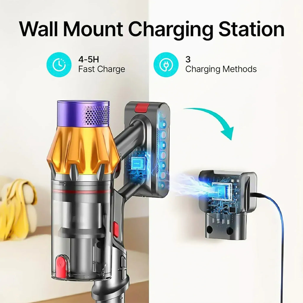 Wall mount charging station for a Polaro V18 Vacuum Cleaner with text indicating fast charge time and charging methods.