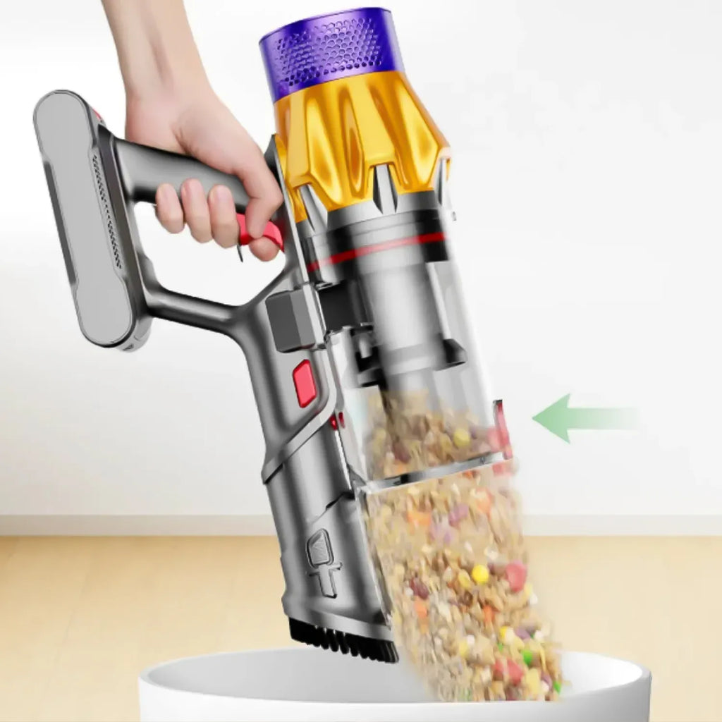 Handheld Polaro V18 Vacuum Cleaner pet food from a bowl with a clear compartment showing collected debris.