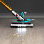 Polaro V18 Vacuum Cleaner head cleaning a wooden floor with angles indicated on a dark background