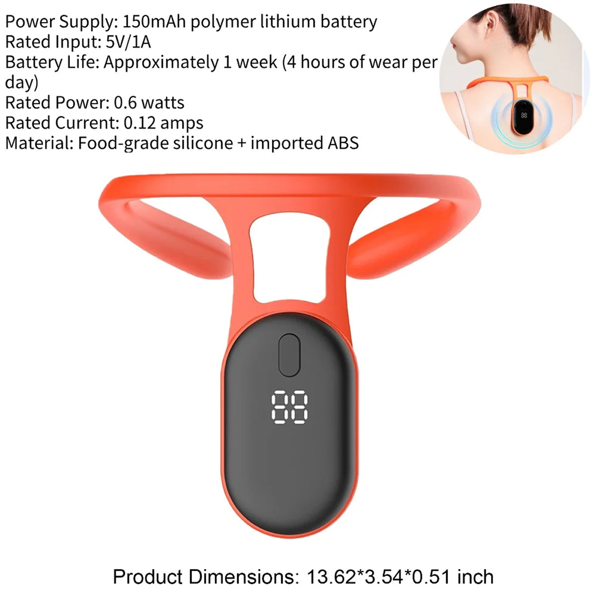 Orange and black PostuRiq Smart Posture Corrector information on a white background
