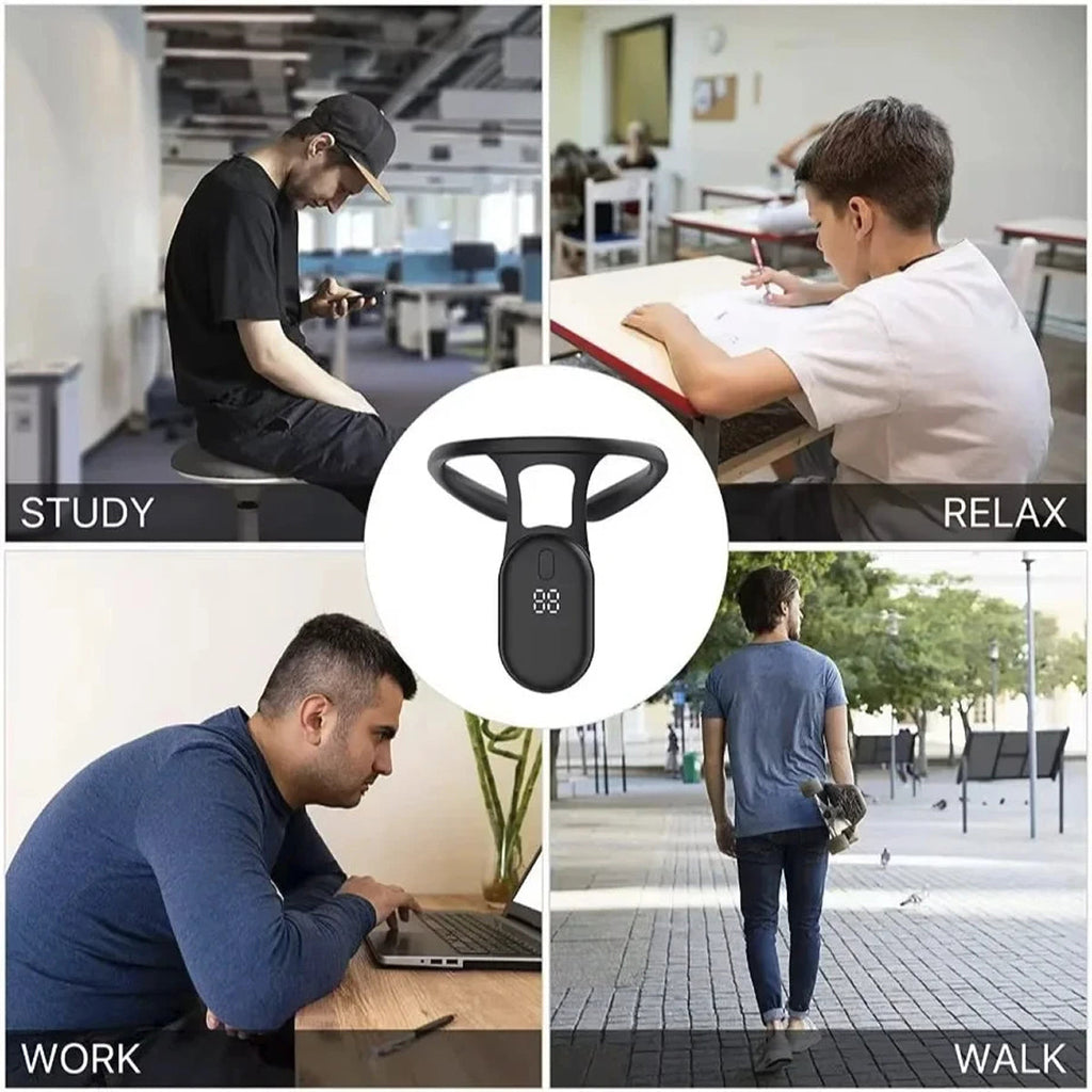 Collage of people in different settings with a focus on a black device labeled 'STUDY', 'RELAX', 'WORK', and 'WALK' using PostuRiq Smart Posture Corrector