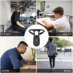 Collage of people in different settings with a focus on a black device labeled 'STUDY', 'RELAX', 'WORK', and 'WALK' using PostuRiq Smart Posture Corrector
