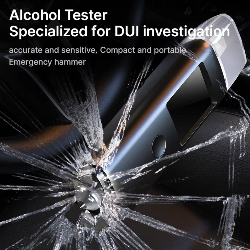 Pufresher Breathalyzer shown with marketing text reading 'Alcohol Tester Specialized for DUI investigation' and 'accurate and sensitive, Compact and portable Emergency hammer.' The product is photographed against a dark background with shattered glass and water effects used as a visual demonstration.