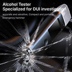 Pufresher Breathalyzer shown with marketing text reading 'Alcohol Tester Specialized for DUI investigation' and 'accurate and sensitive, Compact and portable Emergency hammer.' The product is photographed against a dark background with shattered glass and water effects used as a visual demonstration.